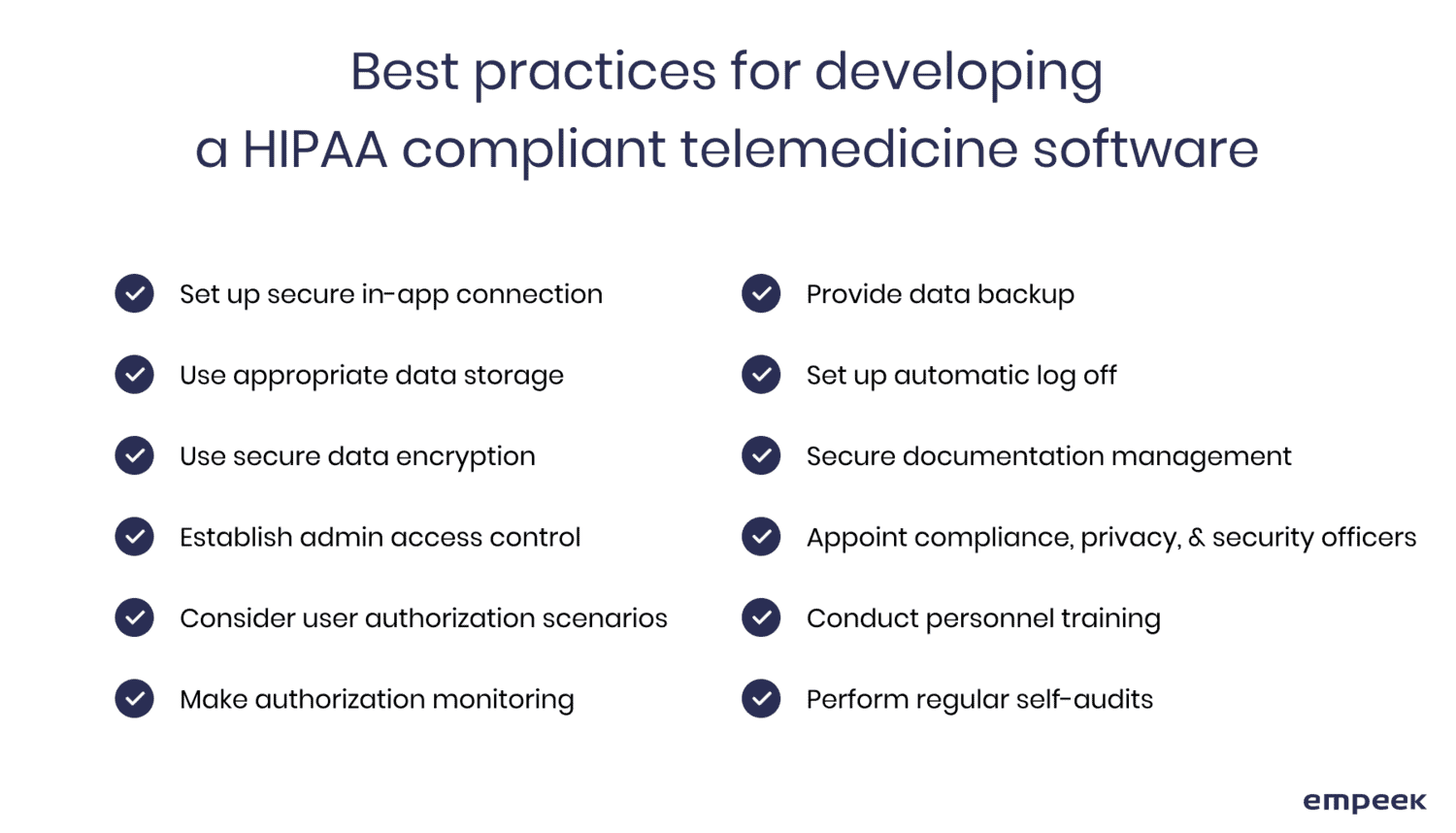 The list of best practices for developing a HIPAA compliant telemedicine software