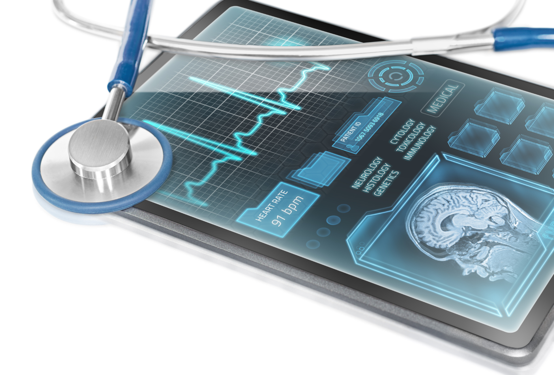 a tablet that show diagnosis data and AI system analyses it 