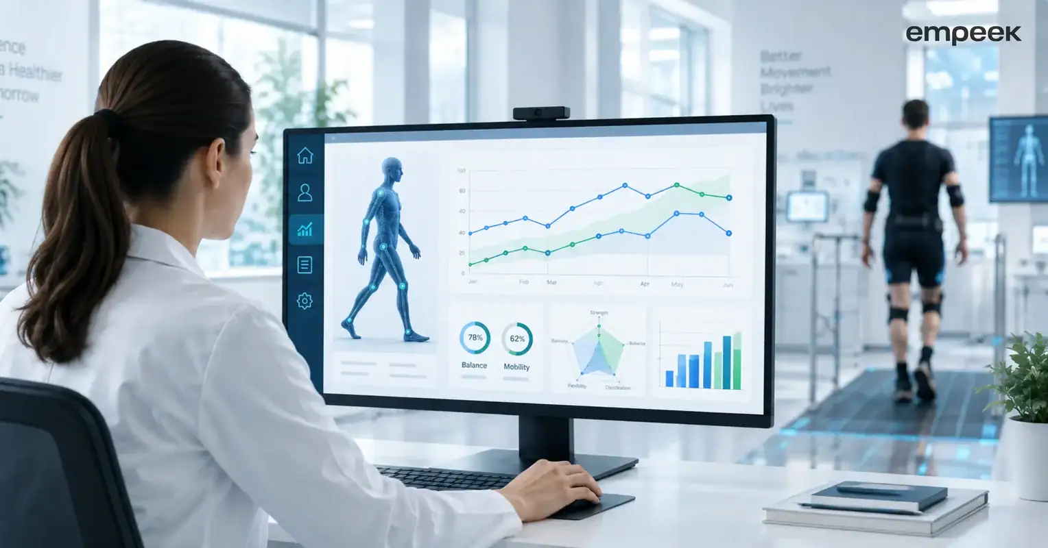 A clinician reviewing biomechanical/gait data on a monitor while a patient walks on an instrumented treadmill in the background.