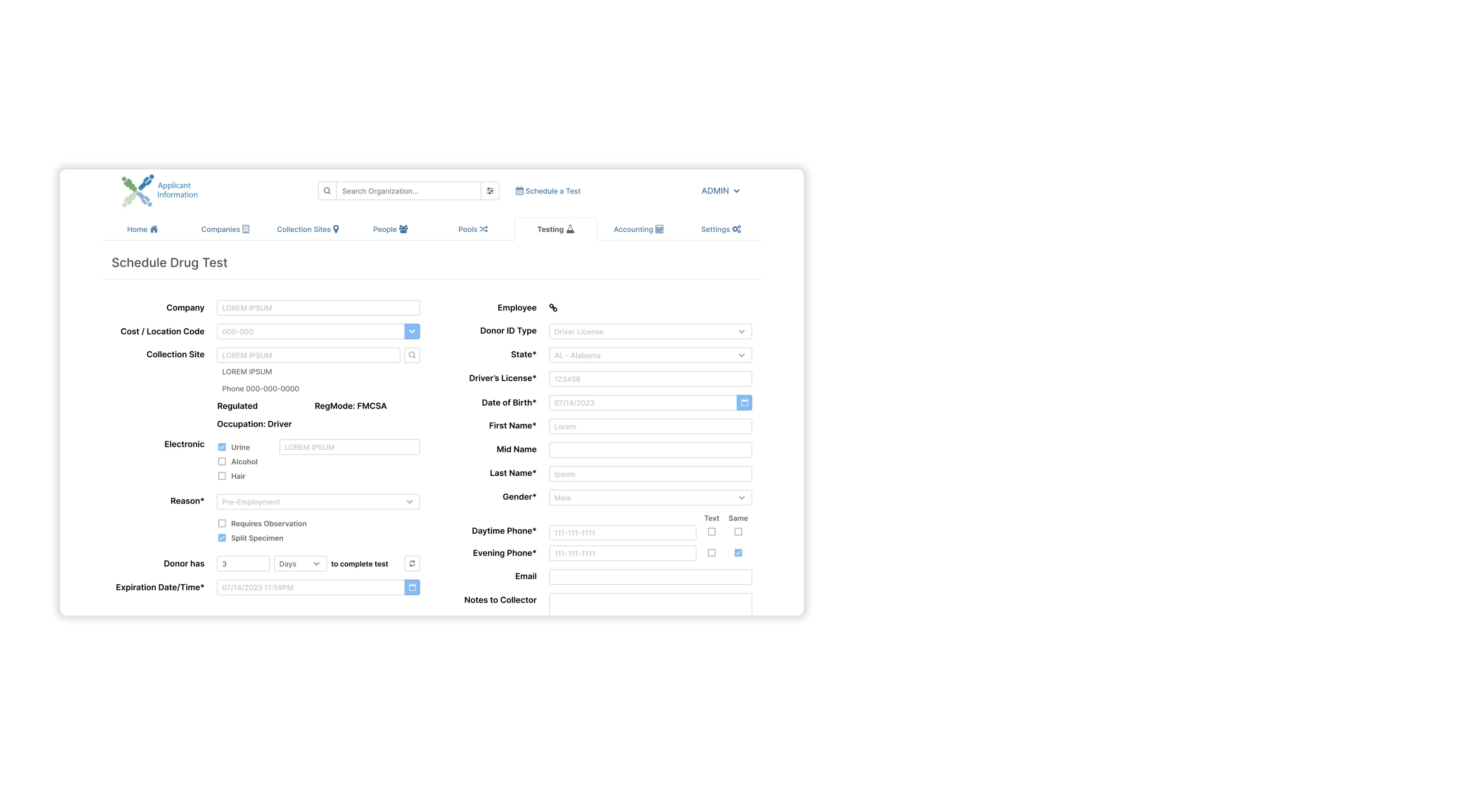 user interface for lab testing platform