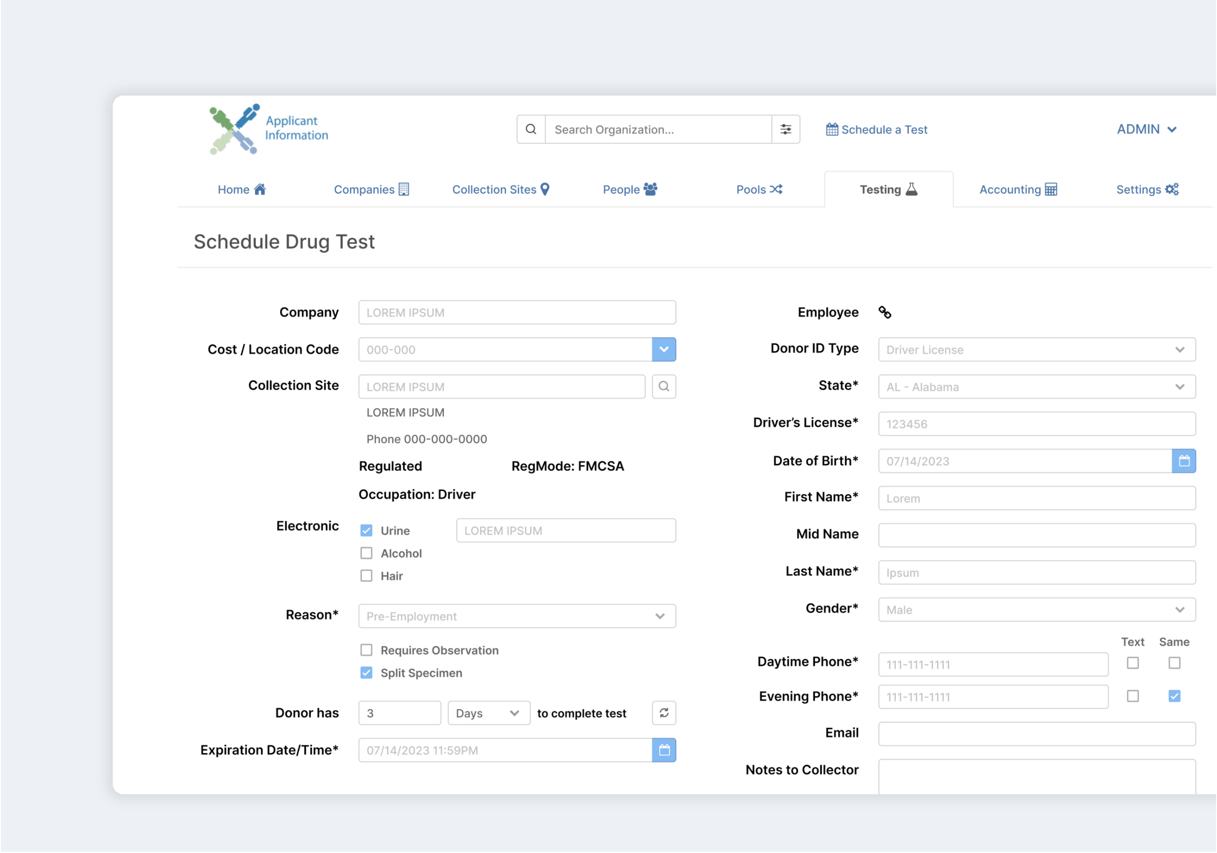 User interface for lab testing platform